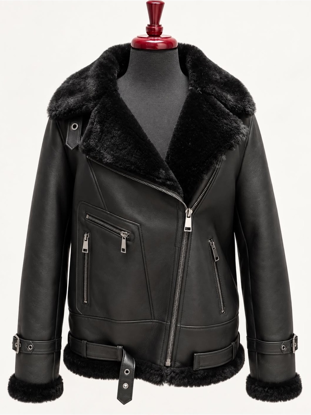 Women’s Black Lamb Shearling Leather Biker Jacket Fur Lined Motorcycle Coat